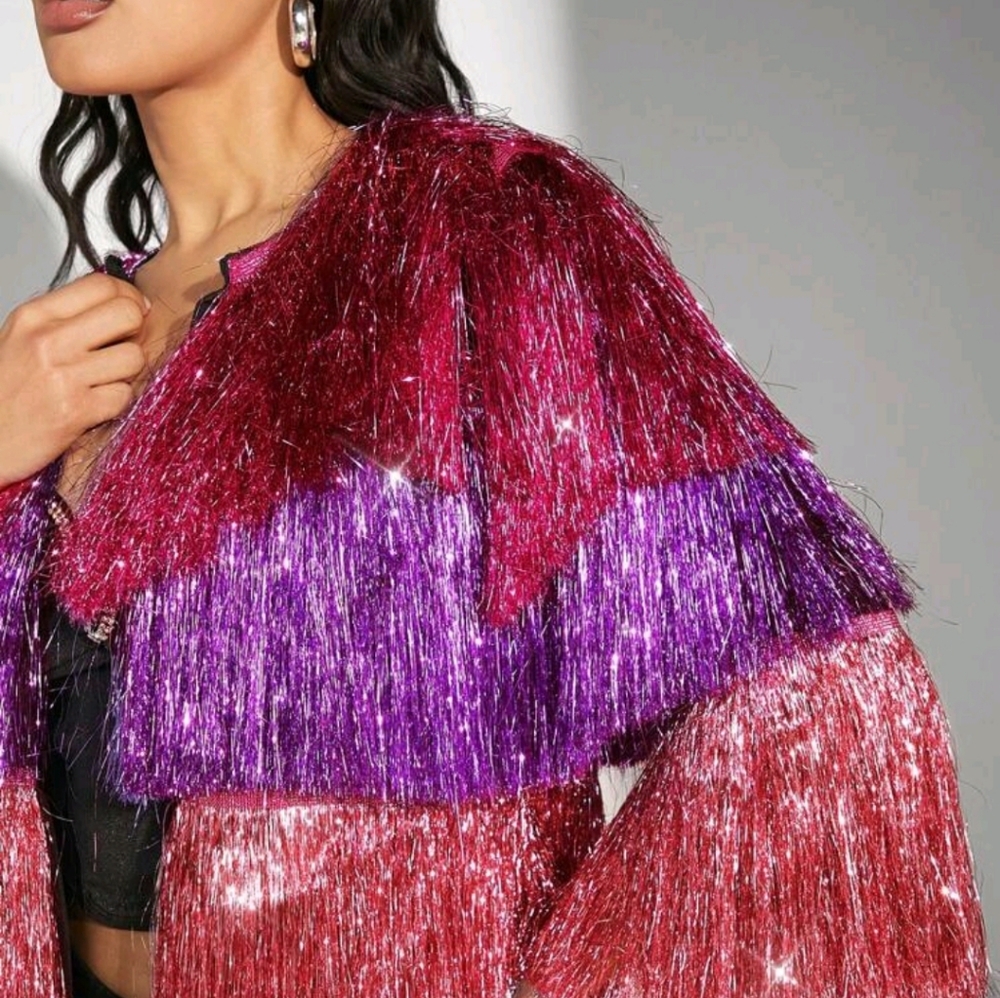 Colorblock Metallic Fringe Open Coat - Picture 3 of 6
